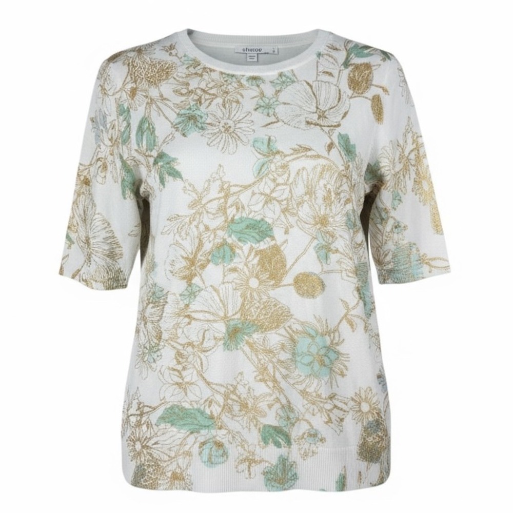 Chicos Sweater Medium Gold Metallic Floral Pullover Elegant Shimmer Grannycore